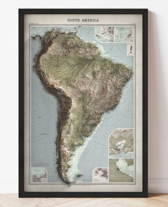 Mapa Sudamerica 3d 90x60 cm | Mapa con efecto 3D | Con o sin marco | Mapas del Sur